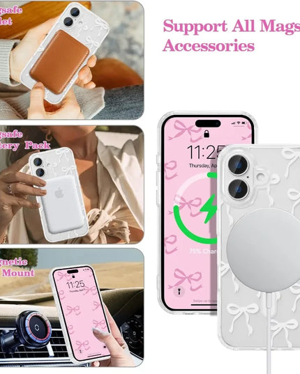 UEEBAI Magnetic for iPhone 16 Case Bow Case Compatible with MagSafe Wirel Slim Clear Ribbon Aesthetic Phone Cover AntiYellowing