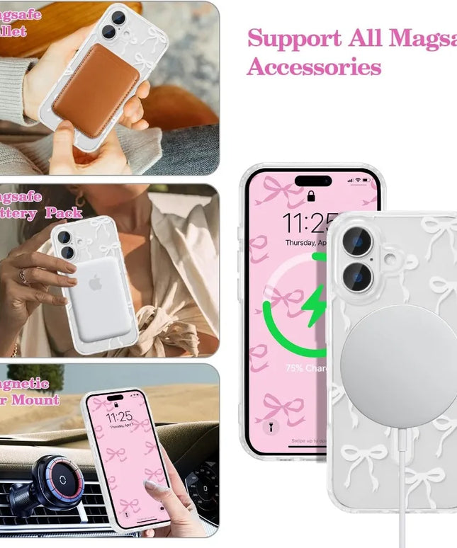 UEEBAI Magnetic for iPhone 16 Case Bow Case Compatible with MagSafe Wirel Slim Clear Ribbon Aesthetic Phone Cover AntiYellowing