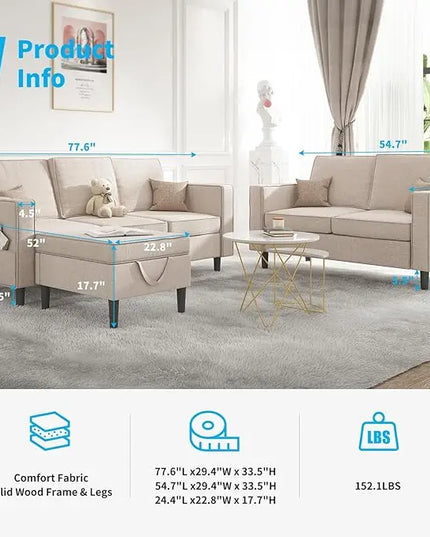 3 Pieces Sectional L Shaped Living Room Sofa Couches Set – 3-Seater 78" Width Small Couch Sofas, Living Room Furniture Sets
