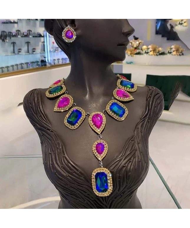 Stonefans Exaggerated Teardrop Necklace and Earrings Set Bride Jewelry Sets for Women Choker Wedding Dress Fashion Crystal Party