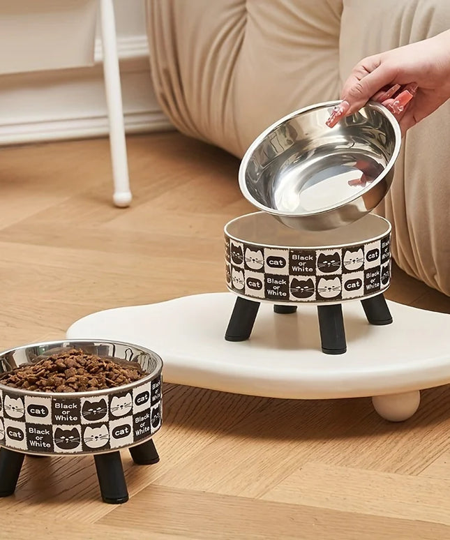 1pcsElevated stainless steel cat bowl with neck protection design - anti slip, anti pointed feeding tray for cats, cat food bowl