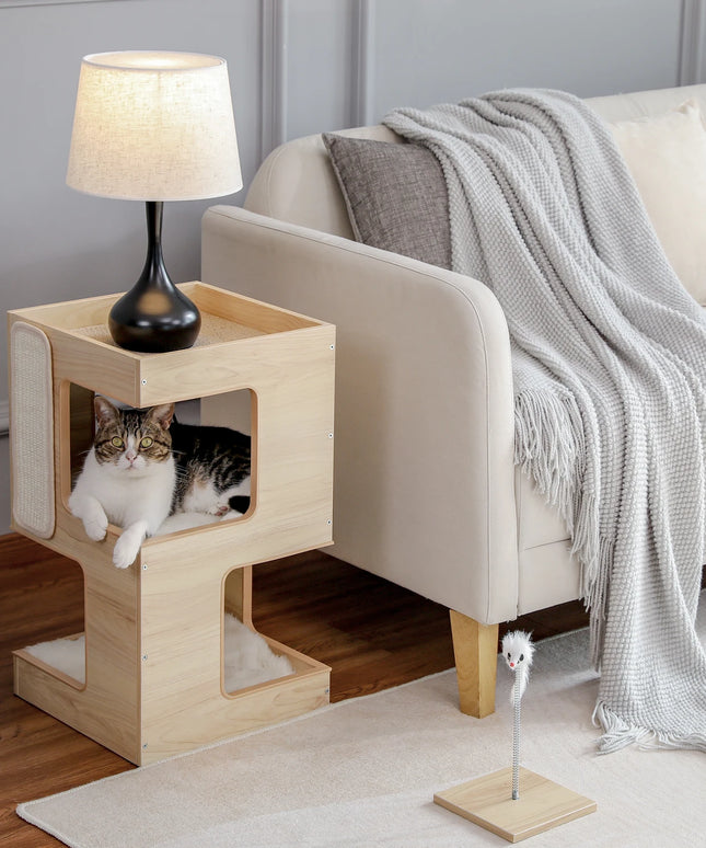 Modern Cat Tree with Scratcher Board, Furniture Bed, 3 Levels, Spacious Top Scratching Pad, House, Removable Soft Cushion, Toys