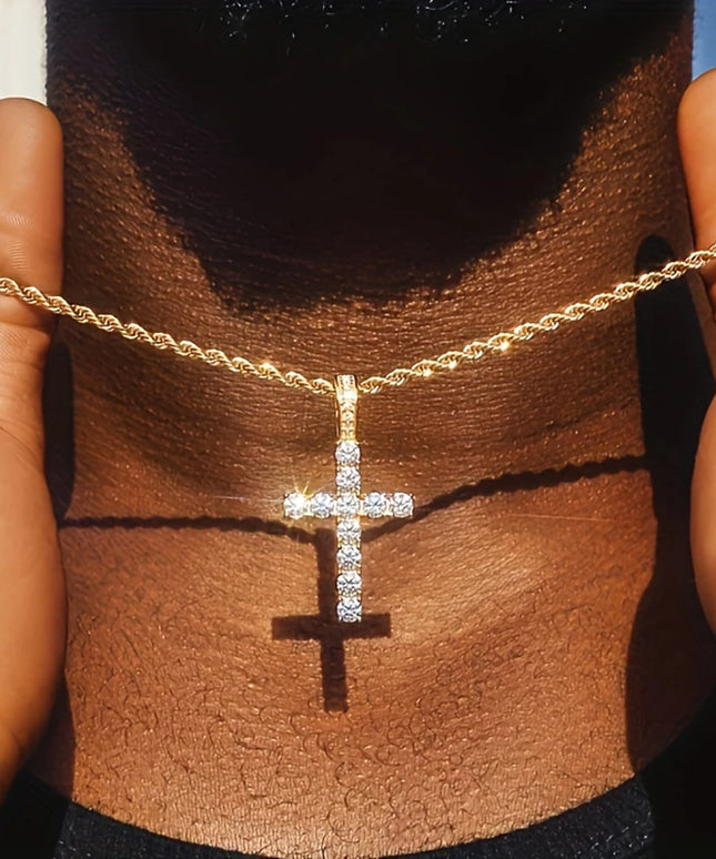 14K Gold Plated Hip Hop Cross Pendant Necklace for Women Male Iced Out Twisted Chain Long Necklace Fine Jewellery Accessories
