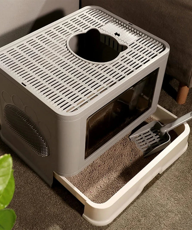 Large Hooded Cat Litter Box Tray Drawer Type Pet Kitty Toilet Top Entry Anti-Splashing Enclosed Potty with Hair Grooming Scoop