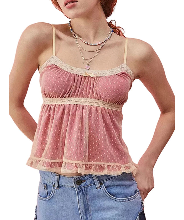 Women s Sweet  Cami Tops Mini Bowknot Front Spaghetti Strap Lace Trim Vest Show Navel Cropped Camisole