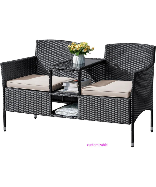 Outdoor Furniture Patio Loveseat Wicker 2-Seat with Built-in Table and Cushions Rattan Porch Chairs Bench for Balcony, Lawn