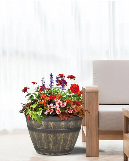 Rustic Whiskey Barrel Planter UV Resistant Brown Plastic Drainage Holes Suitable Indoor Outdoor Gardening Durable Flower Pot