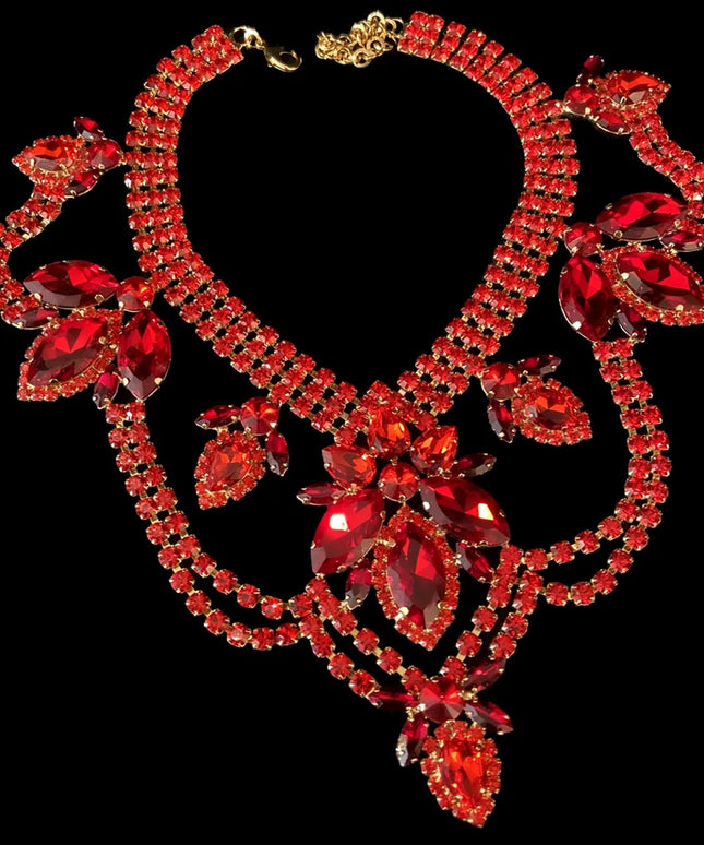 Red Exaggerated Necklace Vintage Elegant for Women Wedding Gem Crystal Choker Bride Accessories Party Gift Decoration Jewelry