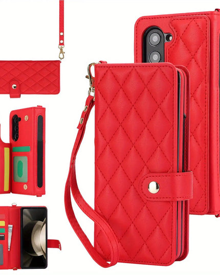 PU Leather Flip Wallet Case For Samsung Galaxy Z Fold 6 5 4 3 5G With Holder Crossbody Wrist Strap Card Slot Stand Phone Cover