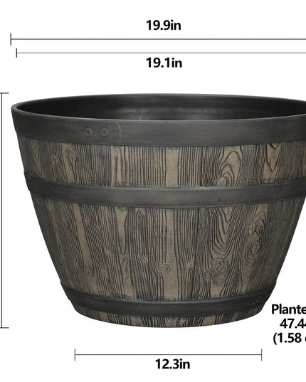 Rustic Whiskey Barrel Planter UV Resistant Brown Plastic Drainage Holes Suitable Indoor Outdoor Gardening Durable Flower Pot