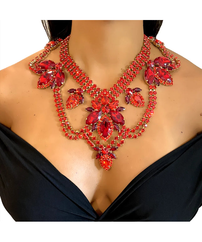 Red Exaggerated Necklace Vintage Elegant for Women Wedding Gem Crystal Choker Bride Accessories Party Gift Decoration Jewelry