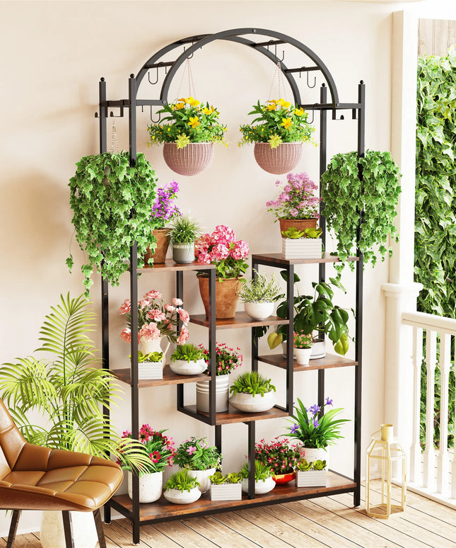 5-Tier Tall Indoor Plant Stand, 74.8'' Arched Metal Flower Shelf with Hanging Hooks, Large Bonsai Pots Display Rack for Garden