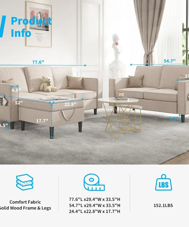 3 Pieces Sectional L Shaped Living Room Sofa Couches Set – 3-Seater 78" Width Small Couch Sofas, Living Room Furniture Sets