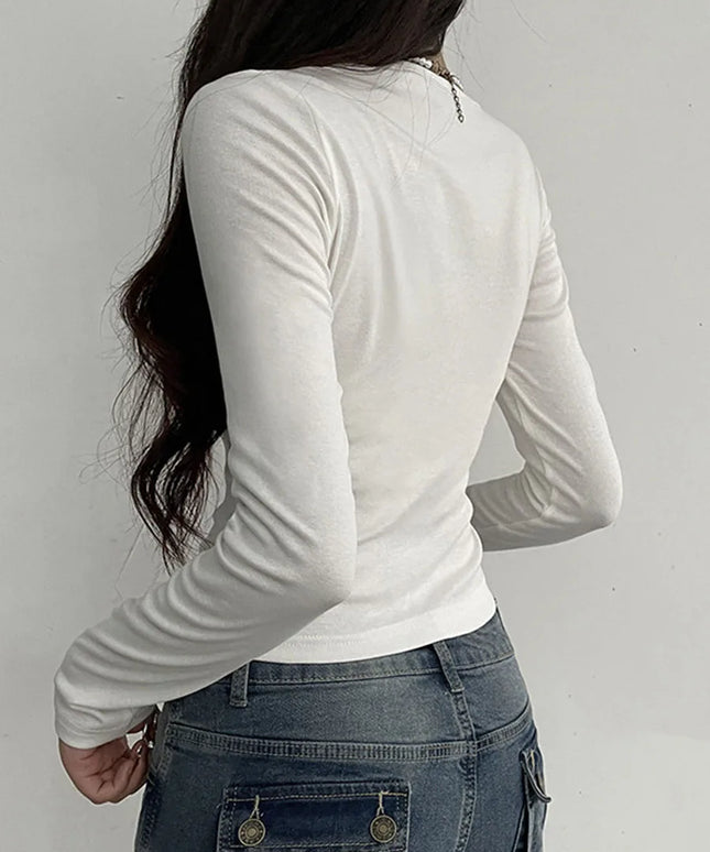 Women s Spring Autumn Fashion Tops White Long Sleeve Lace Trim Ruched Tie Up T-shirt