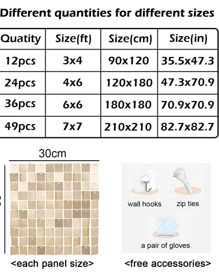 12/24/36/49pcs Large Shimmer Wall Backdrop Champagne Gold Square Glitter Panels DIY Wedding Anniversary Birthday Party Backdrop