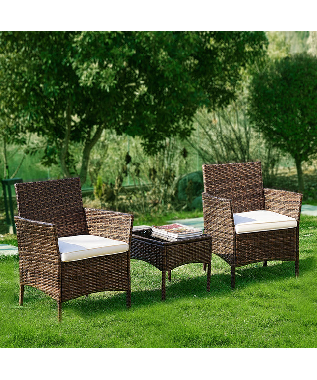 JHK Outdoor Patio Furniture Set 3 Pieces with Soft Cushion and Glass Table Manual Weaving Wicker Rattan Patio Chairs For Garden