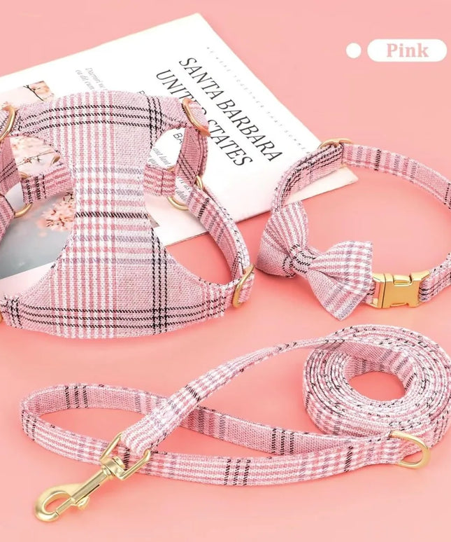 Cute Extra Small Dog Harness Collar and Leash Set with Bowtie, Soft Adjustable Plaid Puppy Harness for Small Sized Dogs Cats Wa