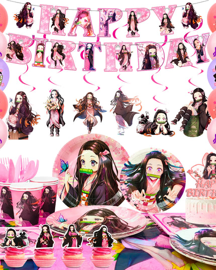 Nezuko Birthday Decorations,117pcs Decorations&Nezuko Party Tableware Set-Party Plates Tablecloth&Cake Topper Banner Balloons