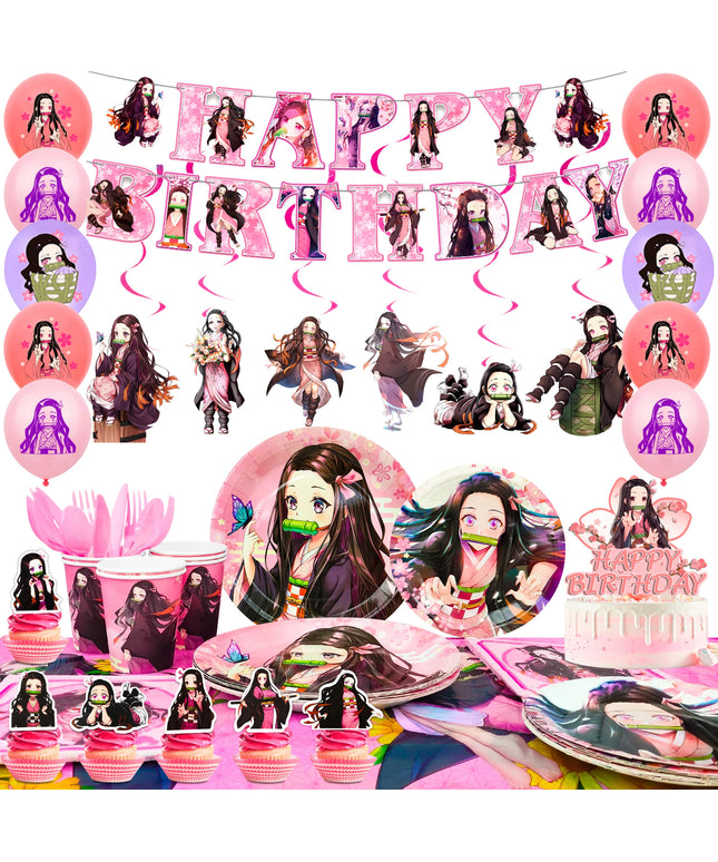 Nezuko Birthday Decorations,117pcs Decorations&Nezuko Party Tableware Set-Party Plates Tablecloth&Cake Topper Banner Balloons
