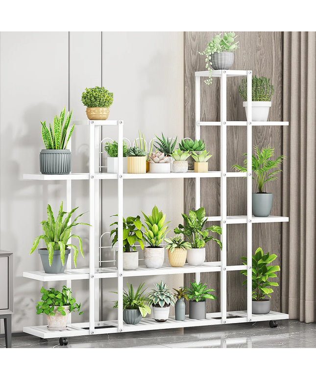 Plant Stand Indoor Outdoor Wrought Iron Multiple Planter Rack Flower Display Organizer with Wheels For Corner Balcony Garden