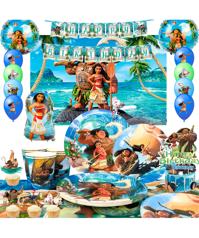 Moana Birthday Party Supplies,85pcs Decorations and Tableware Set-Moana Plates and Napkins Cups Table Cloth Banner Backdrop etc