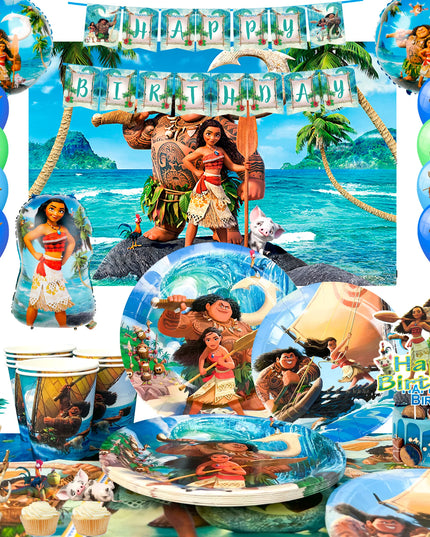 Moana Birthday Party Supplies,85pcs Decorations and Tableware Set-Moana Plates and Napkins Cups Table Cloth Banner Backdrop etc