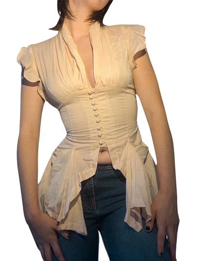 Elegant Sleeveless Ruffle Blouse with Button Down Detail and Split Hem - Women s  Fit Top for Spring and Summer