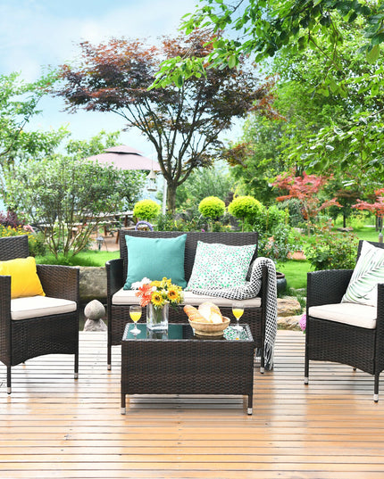 4PCS Patio Rattan Furniture Set Armrest Cushion Sofa Coffee Table withShelf Garden