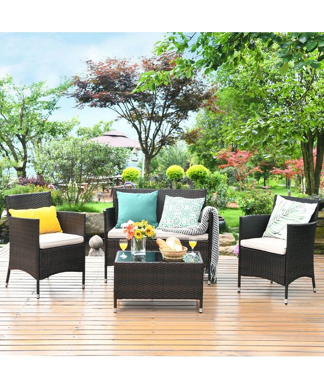 4PCS Rattan Patio Furniture Set Cushioned Sofa Chair Coffee Table Garden