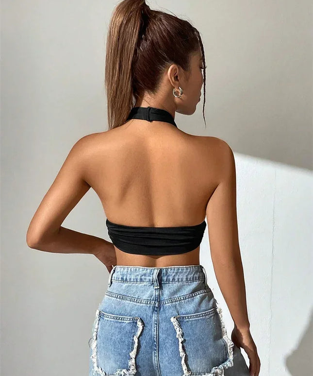 Sleeveless Backless Deep V-neck Halter Top Women Summer  Club Party Sexy Solid Color Crop Tops Streetwear Y2K Clothes
