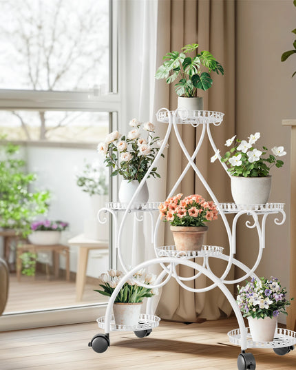 6 Potted Metal Plant Stand Garden Cart with Wheel for Living Room Balcony Garden Flower Pot Plant Holder Display Rack