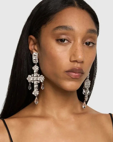 Stonefans Fashion Water Drop Pendant Cross Earrings Jewelry for Women Exaggerated Rhinestone Crystal Dangle Earrings Accessories
