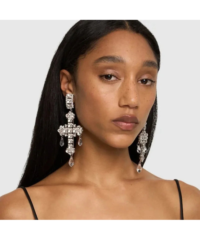 Stonefans Fashion Water Drop Pendant Cross Earrings Jewelry for Women Exaggerated Rhinestone Crystal Dangle Earrings Accessories