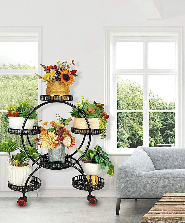 6 Pot Metal Plant Stand Multi-Layer Plant Holder Flower Pot Rack with Wheels for Garden Yard Indoor Outdoor