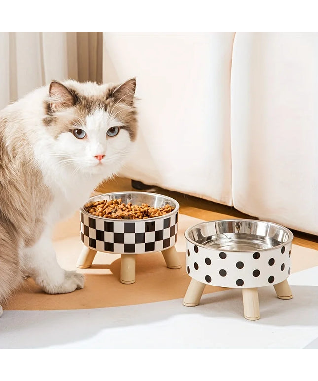 1pcsElevated stainless steel cat bowl with neck protection design - anti slip, anti pointed feeding tray for cats, cat food bowl