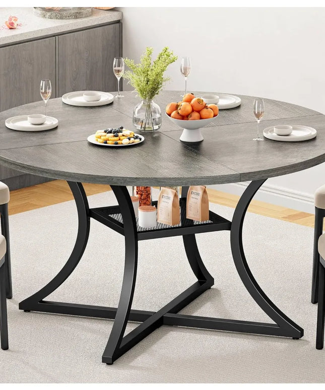 47.2" Round Dining Table for 4, Wood Kitchen Table with Storage Shelf for Dining Room, Dinner Table with Wooden Tabletop and Me