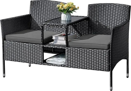 Outdoor Furniture Patio Loveseat Wicker 2-Seat with Built-in Table and Cushions Rattan Porch Chairs Bench for Balcony, Lawn
