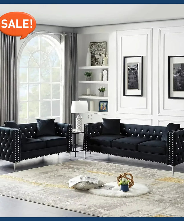 Black Velvet Upholstered Living Room Furniture Set-2-Piece,Including 3-Seater Sofa and Loveseat with Jeweled Buttons