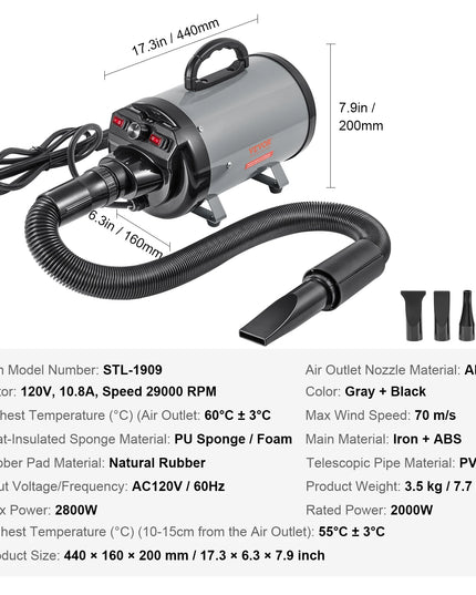 SucceBuy 2000W/2.7HP Dog Blow Dryer Adjustable Speed Temperature Control with 4 Nozzle and Extendable Hose for Pet Hair Grooming