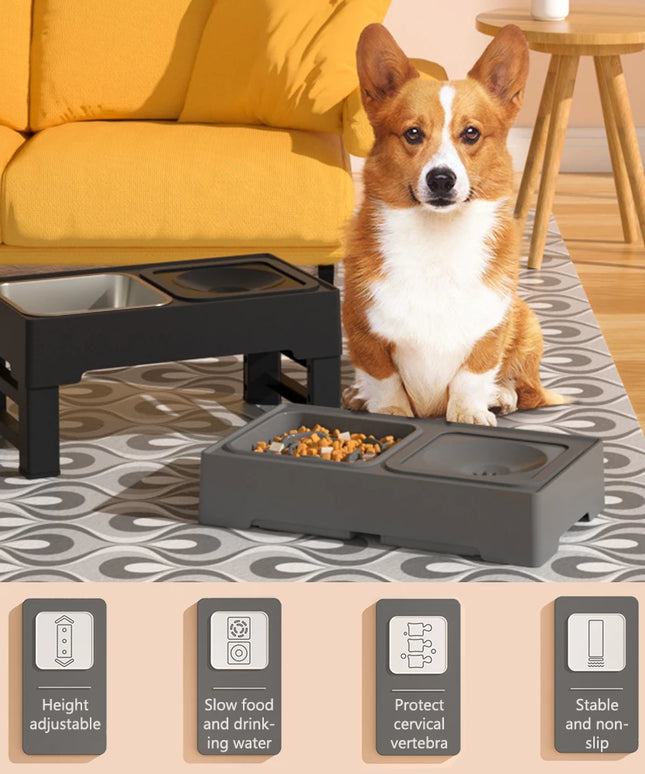 Elevated Dog Food Slow Feeder 4 Adjustable Heights Raised Dog Bowl Stand with Stainless Steel Bowls Anti Slip Dog Water Bowl
