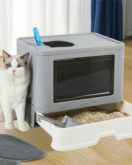 Large Hooded Cat Litter Box Tray Drawer Type Pet Kitty Toilet Top Entry Anti-Splashing Enclosed Potty with Hair Grooming Scoop
