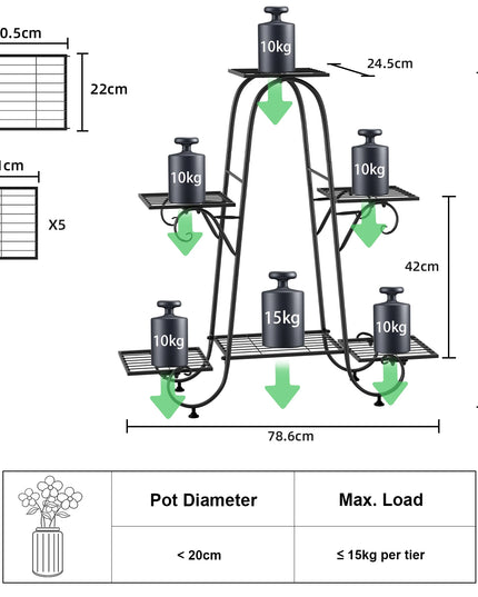 6 Tier Metal Plant Stand, Garden Patio Flower Rack, Step Design, Outdoor, Indoor, Wrought Iron
