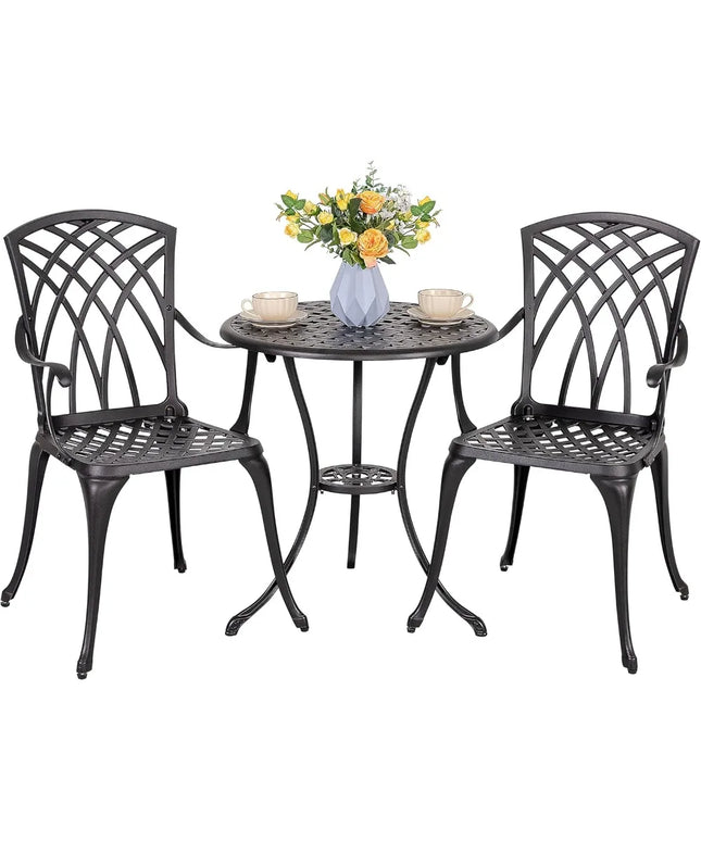 Patio Bistro Sets 3 Piece Cast Aluminum Bistro Table and Chairs Set with Umbrella Hole Bistro Set of 2 for Patio Backyard, Blac