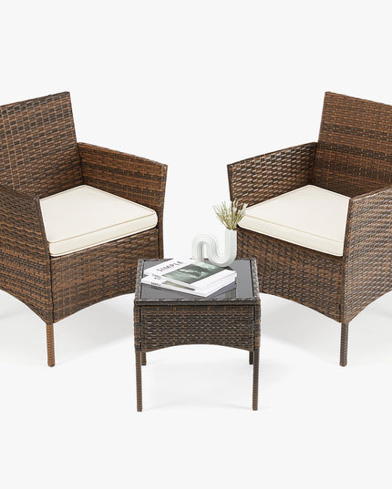 JHK Outdoor Patio Furniture Set 3 Pieces with Soft Cushion and Glass Table Manual Weaving Wicker Rattan Patio Chairs For Garden