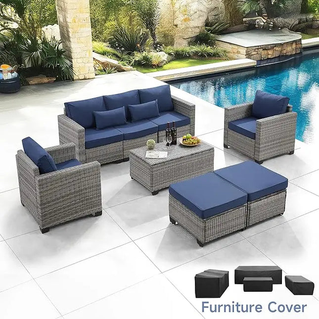 6 Pieces Outdoor Patio Furniture Sets with Furniture Cover, PE Rattan Wicker Patio Conversation Set with Tea Table