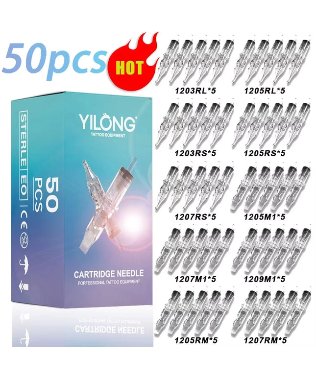 YILONG 50/20PCS Mixed Size Steriled Transparent Tattoo Cartridge Needles Needles with Membrane Safety Cartridges for Tattoo Pen