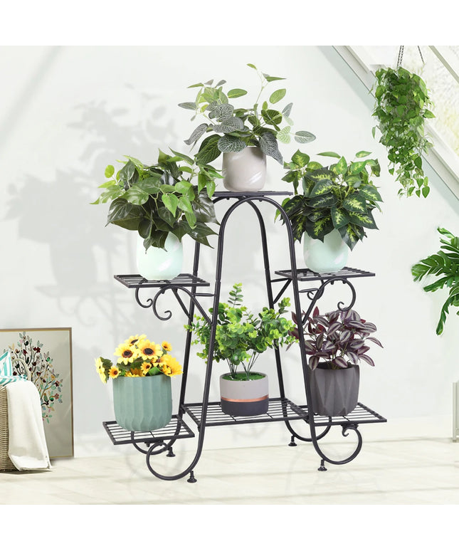 6 Tier Metal Plant Stand, Garden Patio Flower Rack, Step Design, Outdoor, Indoor, Wrought Iron