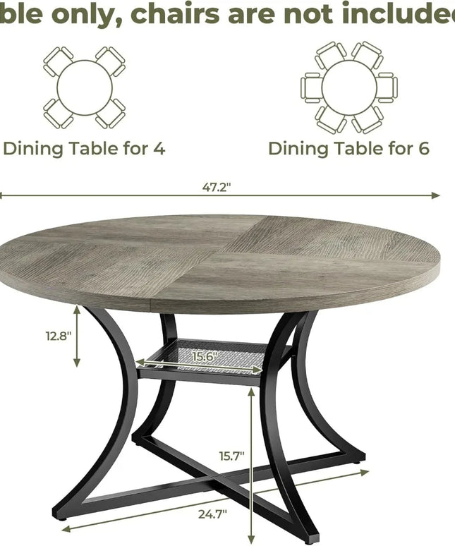 47.2" Round Dining Table for 4, Wood Kitchen Table with Storage Shelf for Dining Room, Dinner Table with Wooden Tabletop and Me