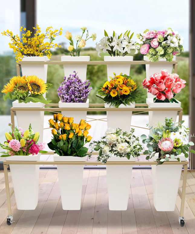 3 Layers White Flower Display Stand Heavy Duty Metal Plant Cart Shelf with 12 Buckets & Wheel for Home Patio Garden Florist