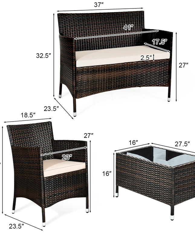 4PCS Rattan Patio Furniture Set Cushioned Sofa Chair Coffee Table Garden